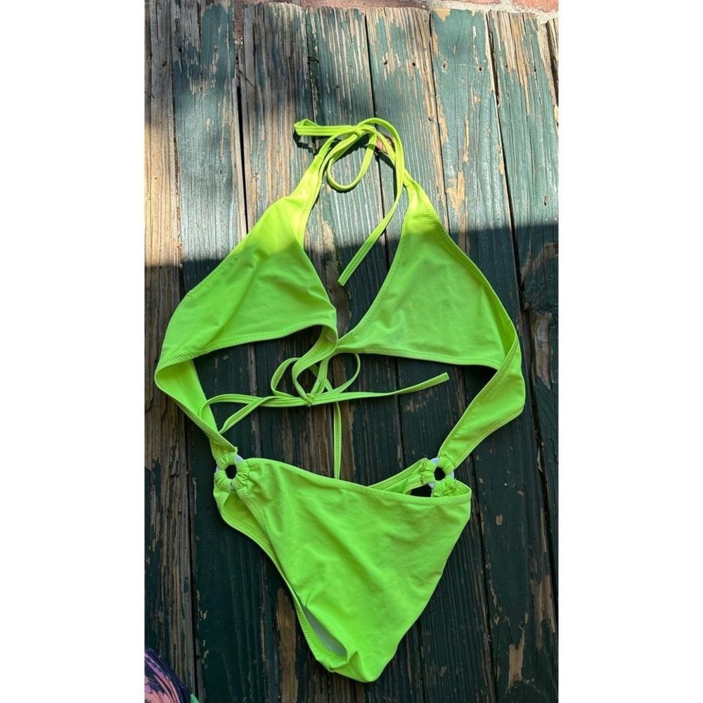 Tikiny Bikini Neon Lime Green Cutout Monokini Halter One Piece Swimsuit Size‎ 6